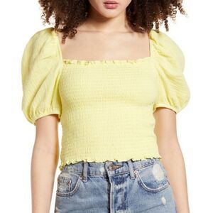 Socialite Top Short Puff Sleeve Smocked Yellow Size Large